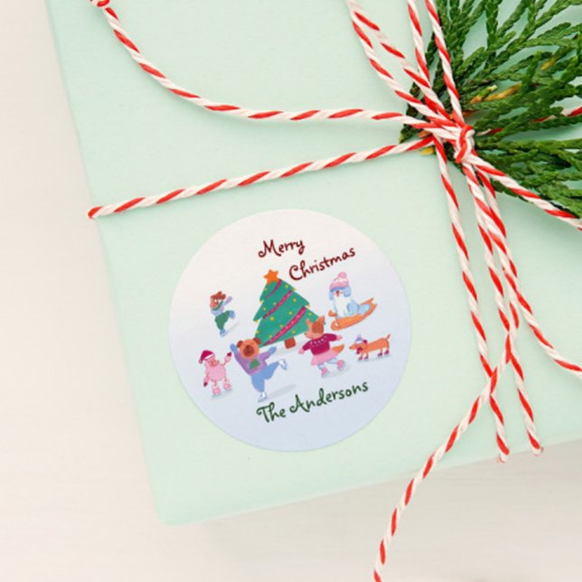 Pegatina Redonda Feliz Navidad Perro Patinaje de Hielo Nombre Regal (Subido por el creador)