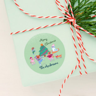 Pegatina Redonda Feliz Navidad Perro Patinaje sobre hielo Moss Gree