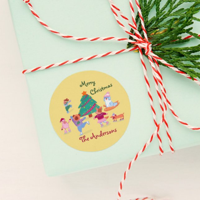 Pegatina Redonda Feliz Navidad Perro Patinaje sobre hielo Pastel Am (Subido por el creador)