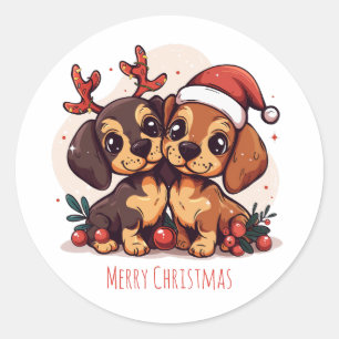 Pegatina Redonda Feliz Navidad Perros Dachshund