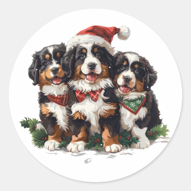 Pegatina Redonda Feliz Navidad Perros de Montaña Berneses (Anverso)
