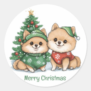 Pegatina Redonda Feliz Navidad Perros Pomeranos
