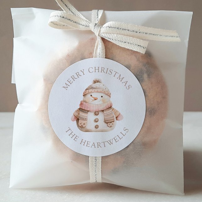 Pegatina Redonda Feliz Navidad personalizada de hombre de nieve col (Subido por el creador)