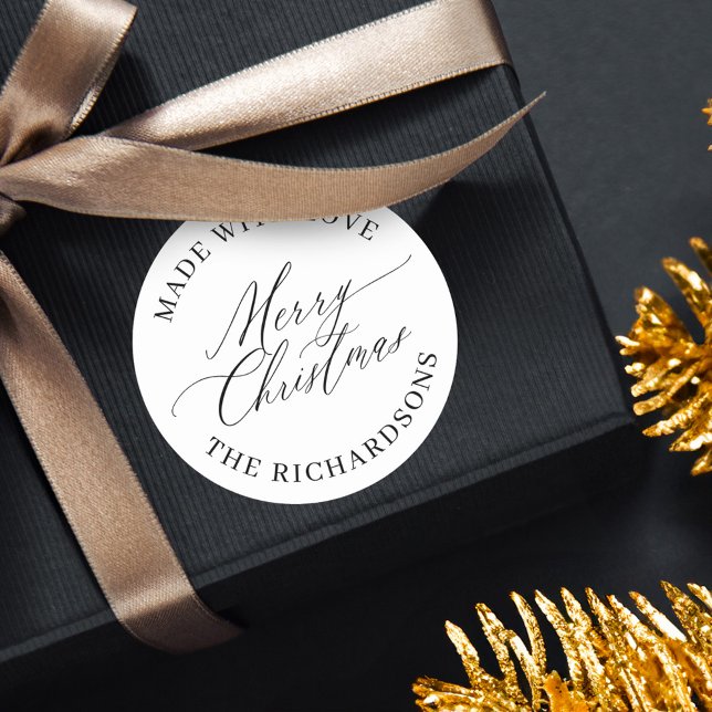 Pegatina Redonda Feliz Navidad personalizada hecha con amor blanco (Personalized Merry Christmas Made With Love White Classic Round Sticker)