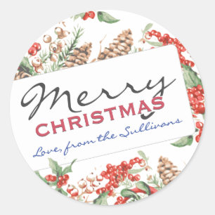 Pegatina Redonda Feliz Navidad personalizada Holly y Pinecones