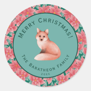Pegatina Redonda Feliz Navidad Personalizada Poinsettia Fox