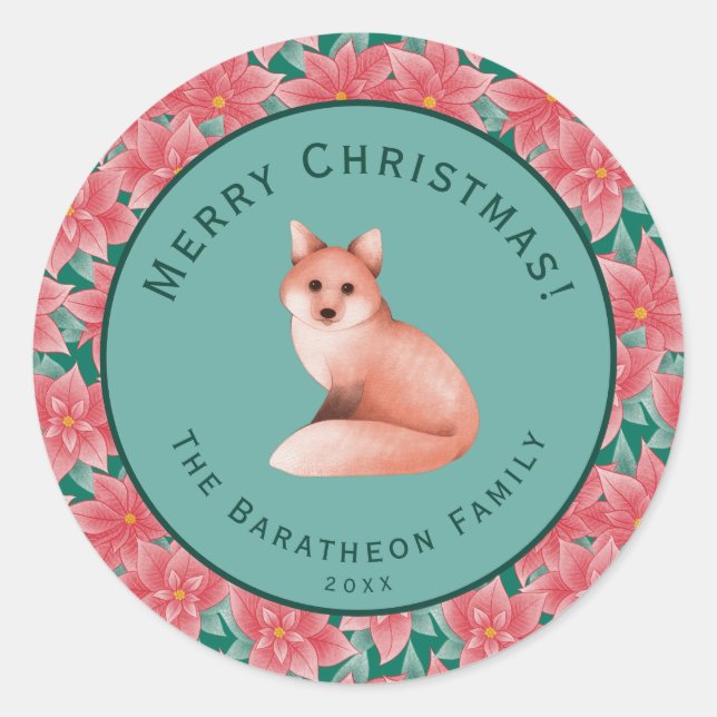 Pegatina Redonda Feliz Navidad Personalizada Poinsettia Fox (Anverso)