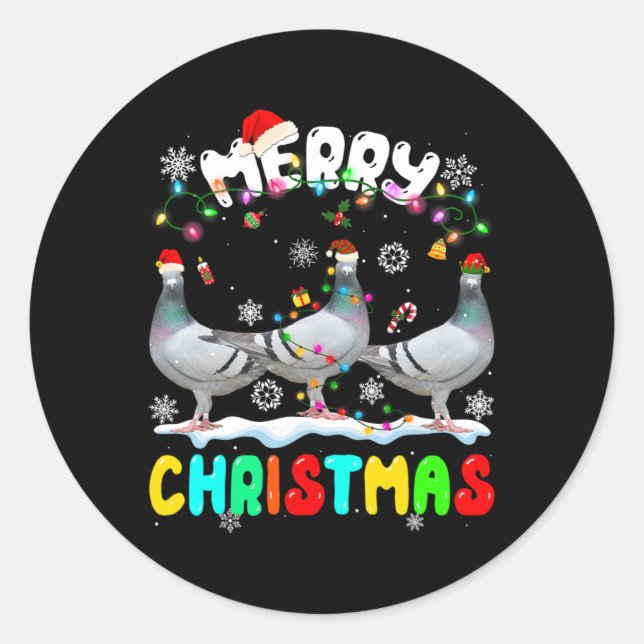 Pegatina Redonda Feliz Navidad Pigeon Lover Santa Hat Xmas Luces (Anverso)