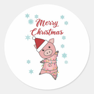 Pegatina Redonda Feliz Navidad Piglet Pig Nieve Invierno