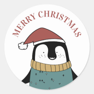 Pegatina Redonda Feliz Navidad. Pingüino lindo. Buey de Santa