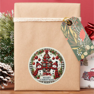 Pegatina Redonda Feliz Navidad Plaid de Vacaciones