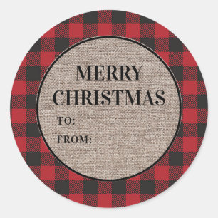 Pegatina Redonda Feliz Navidad Plaid Rojo de Búfalo de Arpillera Pa