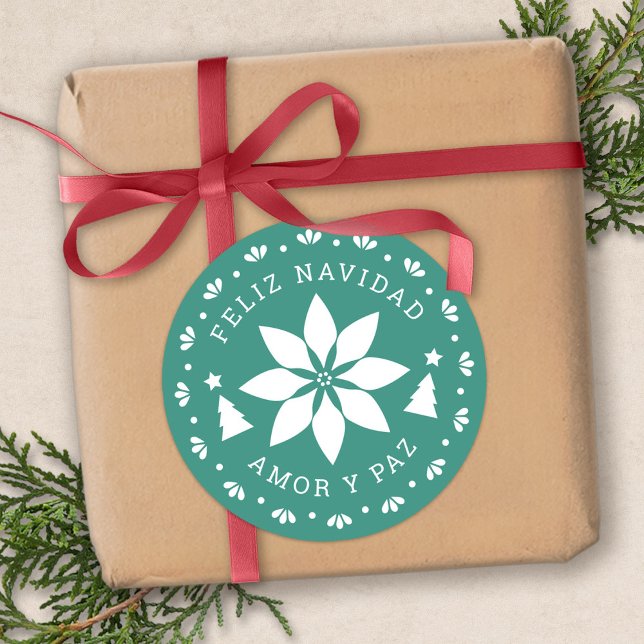 Pegatina Redonda Feliz Navidad Poinsettia (Feliz Navidad Poinsettia Christmas Sticker by Fiesta Valley Print)