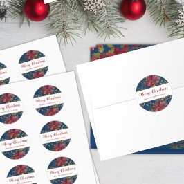 Pegatina Redonda Feliz Navidad Poinsettia Botánica Marina Azul