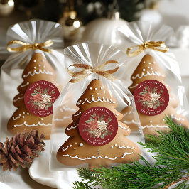 Pegatina Redonda Feliz Navidad Poinsettia Burdeos