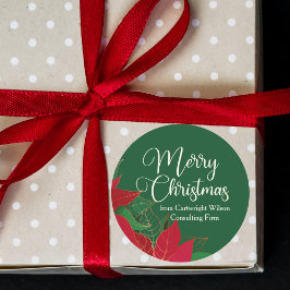 Pegatina Redonda Feliz Navidad Poinsettia Elegante Negocio Verde