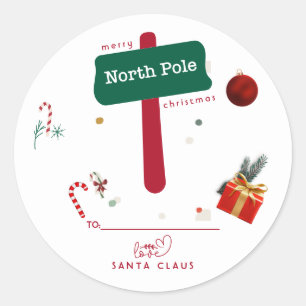 Pegatina Redonda Feliz Navidad Polo Norte Santa Claus