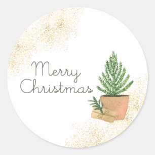 Pegatina Redonda Feliz Navidad Potter Fir Tree y Kraft Parcel