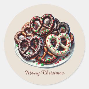 Pegatina Redonda Feliz Navidad, pretzels cubiertos de chocolate