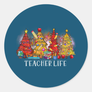 Pegatina Redonda Feliz Navidad Profesor Árboles navideños Tye