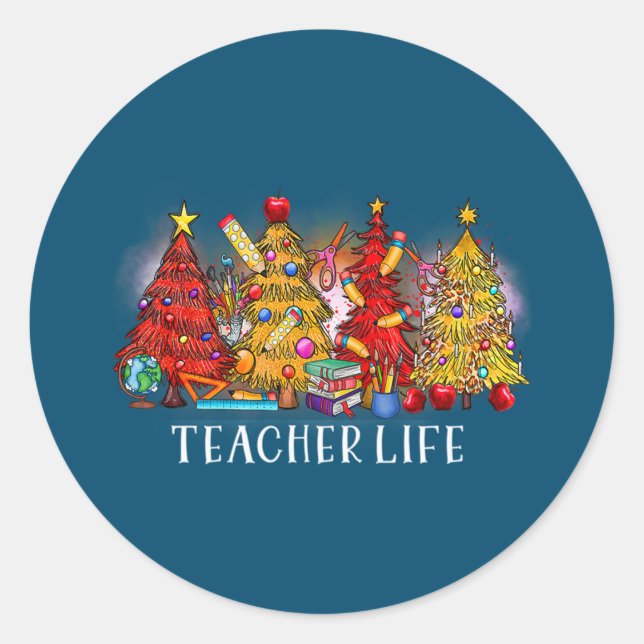 Pegatina Redonda Feliz Navidad Profesor Árboles navideños Tye (Anverso)