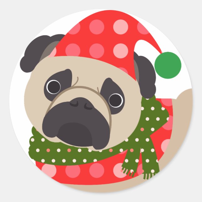 Pegatina Redonda Feliz Navidad Pug Dog (Anverso)
