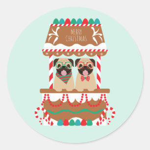 Pegatina Redonda Feliz Navidad Pug Holiday Stand Dogs