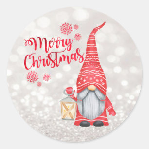 Pegatina Redonda Feliz Navidad, Purpurina Bokeh, Cute Gnome
