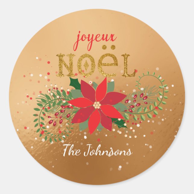 Pegatina Redonda Feliz Navidad Purpurina de Golden Glass francés (Anverso)