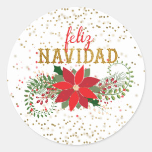 Pegatina Redonda Feliz Navidad Purpurina de oro Poinsettia