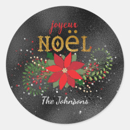 Pegatina Redonda Feliz Navidad Purpurina francés de vidrio negro