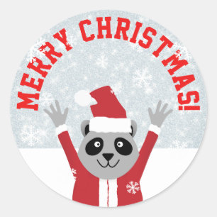 Pegatina Redonda Feliz Navidad Raccoon