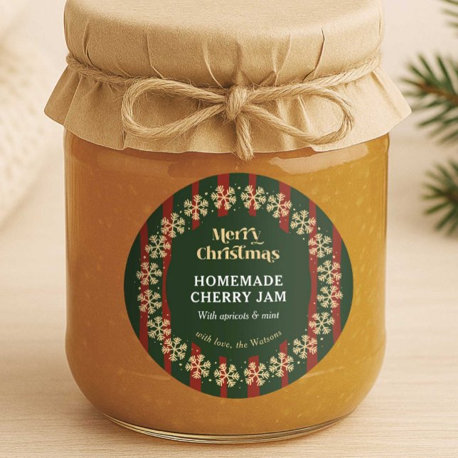 Pegatina Redonda Feliz Navidad Rayas Rojas y Verdes Regalo Hecho a  (Classic red & green stripe round DIY gift label - great to apply to jars,, gift boxes or bottles)