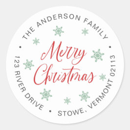 Pegatina Redonda Feliz Navidad Red Gray Snowflake Dirección de reto