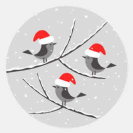 Pegatina Redonda Feliz Navidad Red Santa Hat Birds