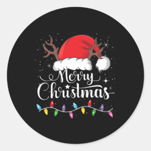 Pegatina Redonda Feliz Navidad Red Santa Hat Reindeer Familia de Na