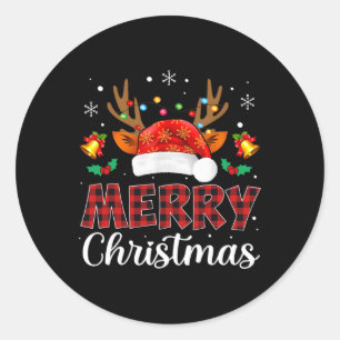 Pegatina Redonda Feliz Navidad Red Santa Hat Reindeer Familia de Na