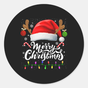 Pegatina Redonda Feliz Navidad Red Santa Hat Reindeer Familia de Na