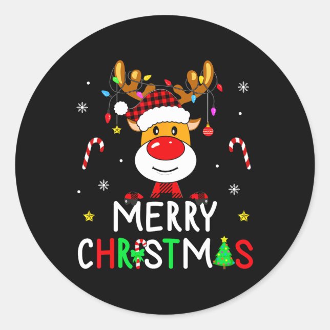 Pegatina Redonda Feliz Navidad Red Santa Hat Reindeer Familia de Na (Anverso)