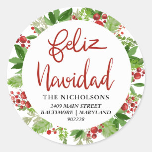 Pegatina Redonda Feliz Navidad Red Watercolor Holly Wreath