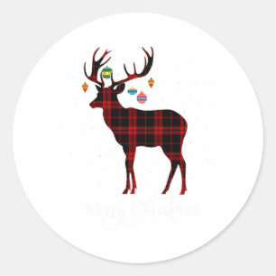 Pegatina Redonda Feliz Navidad Reindeer Red Plaid Snowflake Familia