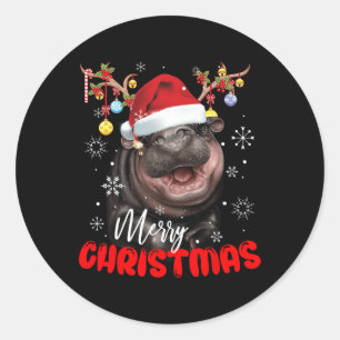 Pegatina Redonda Feliz Navidad Reindeo Moo Deng Santa Hat