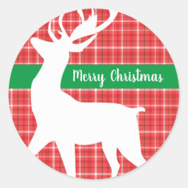 Pegatina Redonda Feliz navidad reno Red Plaid Twill