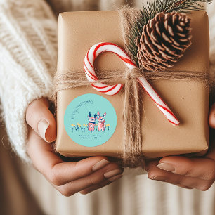 Pegatina Redonda Feliz Navidad – Reno y Conejito sobre Verde Azul