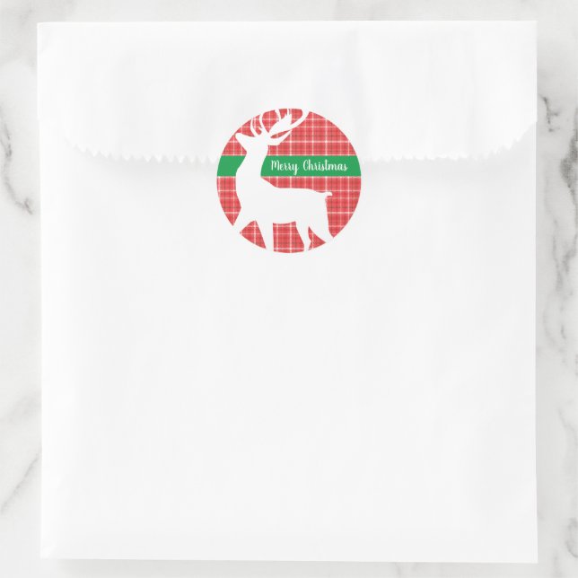 Pegatina Redonda Feliz Navidad Resto de Renos Rojo Twill Pattern (Bolso)