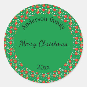 Pegatina Redonda Feliz Navidad retro nombre y lugar de fecha