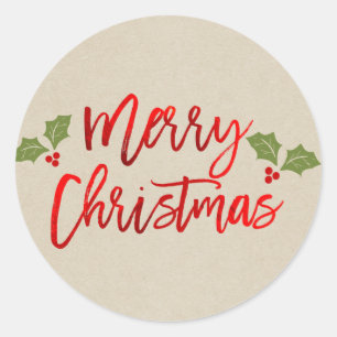 Pegatina Redonda Feliz Navidad Rojo Falso Hoja Moderno Script Kraft