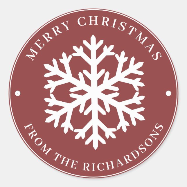 Pegatina Redonda Feliz Navidad Rojo Ronda Blanca Snowflake (Anverso)