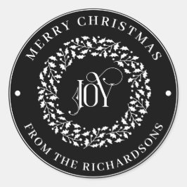 Pegatina Redonda Feliz Navidad Ronda White Holly Wreath JOY