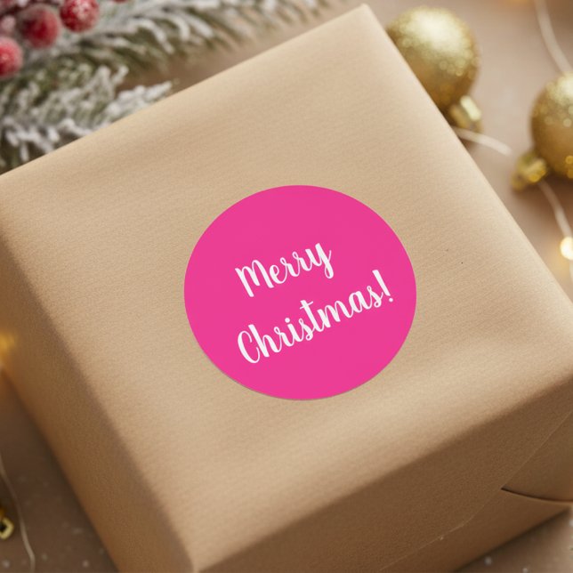 Pegatina Redonda Feliz Navidad, rosa caliente y blanco (Subido por el creador)